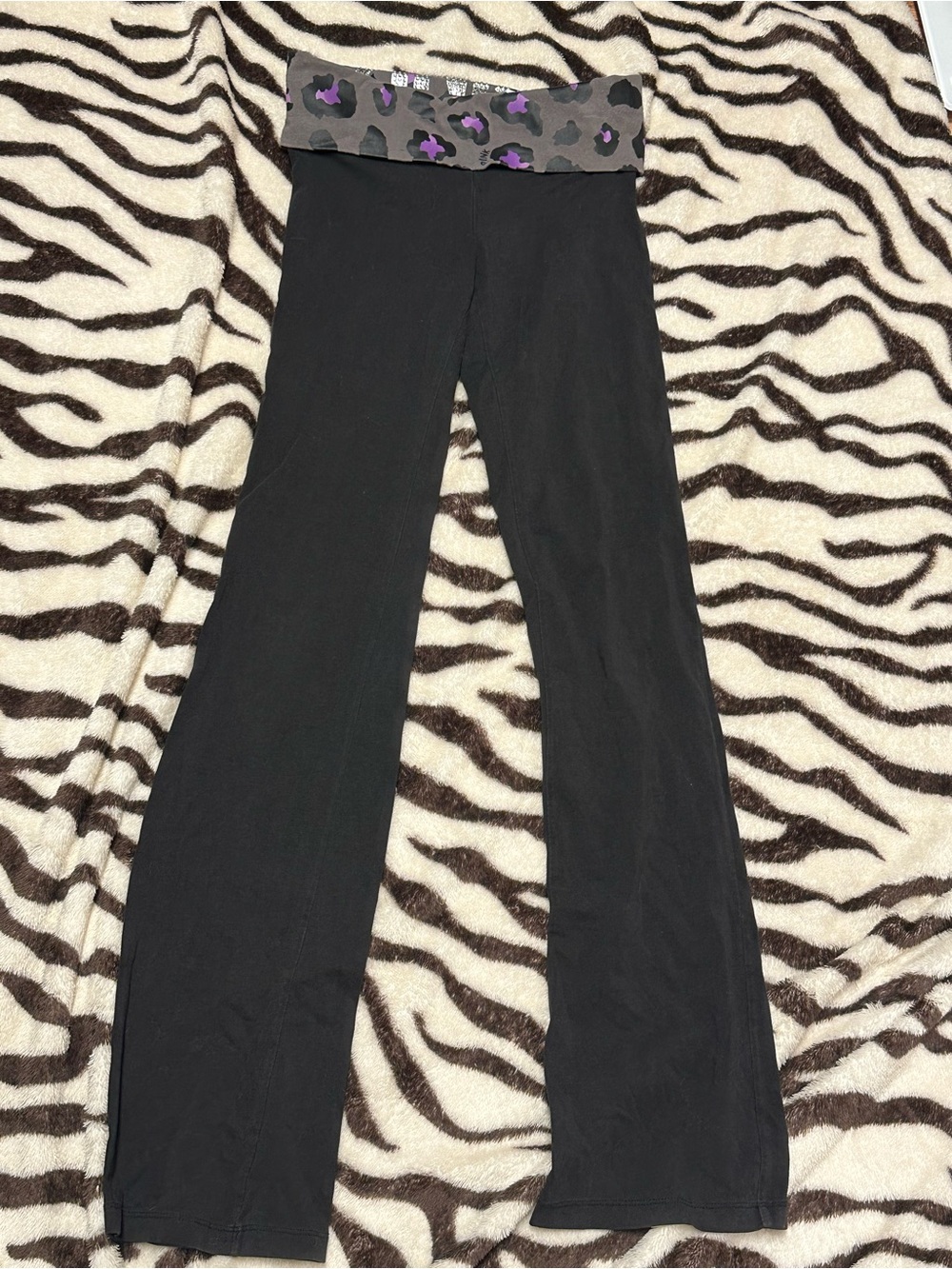 PINK Victoria's Secret Black Yoga Pants with Purple Leopard Fold-Over Waistband